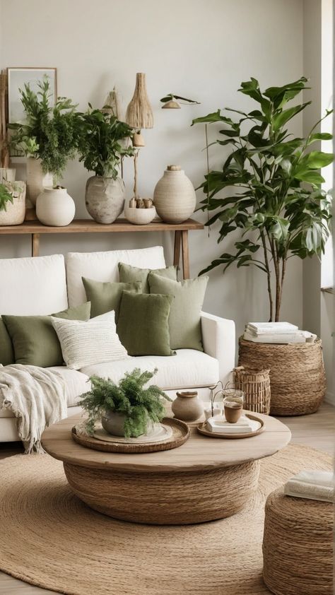 a living room filled with lots of furniture and plants on top of a wooden table