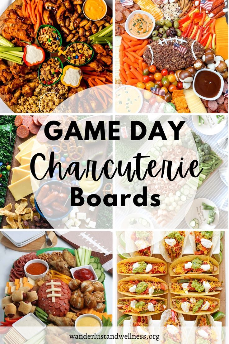 a collage of game day charcuterie boards