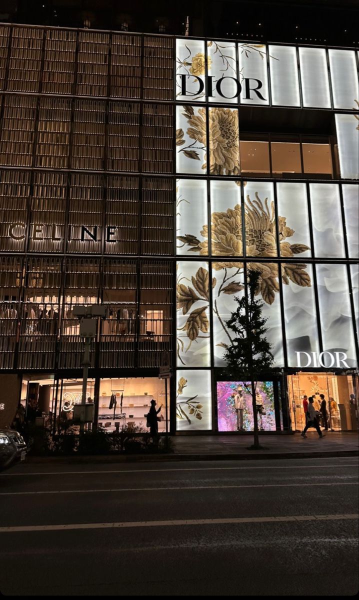 the exterior of dior's department store in new york city at night time