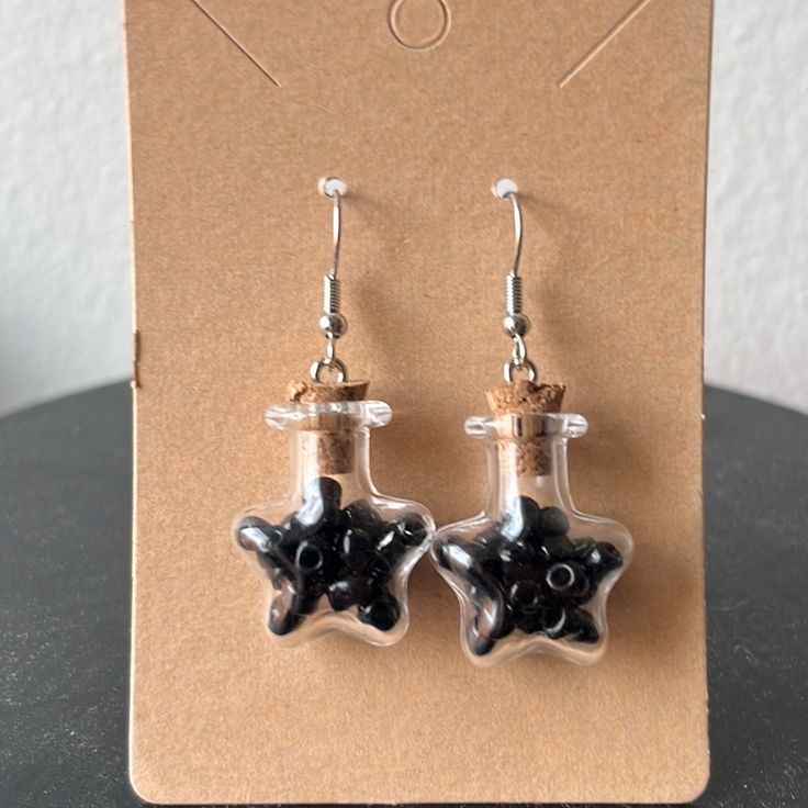 Glass Star Earrings With Black Glass Bead Accents. Nwt Star Jar, Jar Earrings, Craft Journal, Bottle Jewelry, Glass Stars, Earring Ideas, Oct 31, Star Earrings, Black Glass