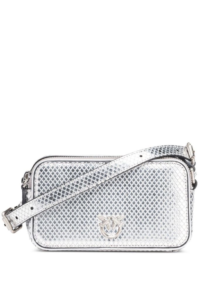 silver-tone leather laminated finish signature Love Birds buckle adjustable shoulder strap two zip-fastening compartments Formal Silver Bags With Logo Hardware, Silver Bags With Logo Hardware For Formal Occasions, Formal Silver Shoulder Bag With Logo Hardware, Leather Evening Bags With Metallic Logo, Evening Leather Bags With Metallic Logo, Silver Evening Shoulder Bag With Logo Hardware, Silver Rectangular Shoulder Bag With Logo Plaque, Silver Shoulder Bag With Logo Hardware For Everyday Use, Designer Silver Bags With Logo Hardware