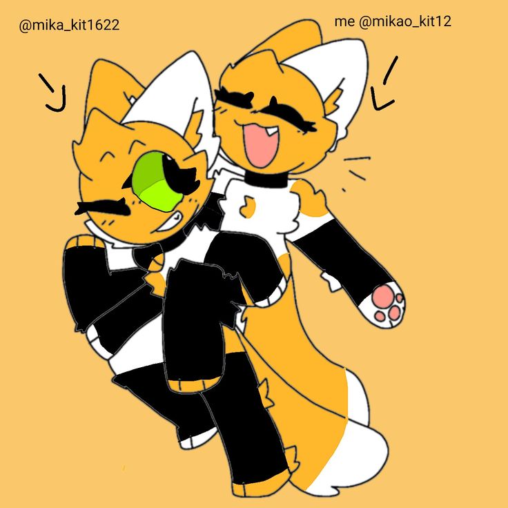 two cartoon cats hugging each other with one being green eye and the other is black and white