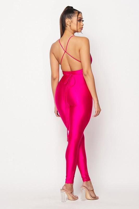 Wrap Around Halter Jumpsuit - Wäre Rare Spring Party Bodysuit With Straps, Backless Tie-back Jumpsuit For Night Out, Backless Jumpsuit With Tie Back For Night Out, Fitted Tie-back Jumpsuits And Rompers For Night Out, Fitted Jumpsuit With Tie Back For Night Out, Fitted Strappy Bodysuit For Party, Pink Fitted Spaghetti Strap Jumpsuits And Rompers, Summer Party Jumpsuits With Crisscross Straps, Pink Fitted Jumpsuit With Spaghetti Straps