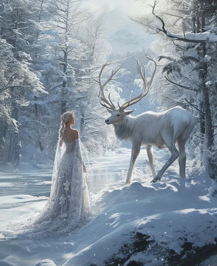 a woman standing next to a white deer in the middle of a snow covered forest