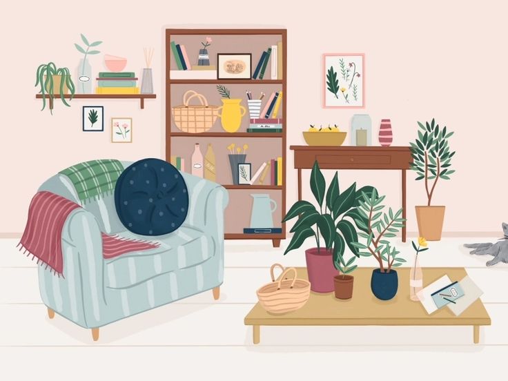 a living room filled with furniture and potted plants