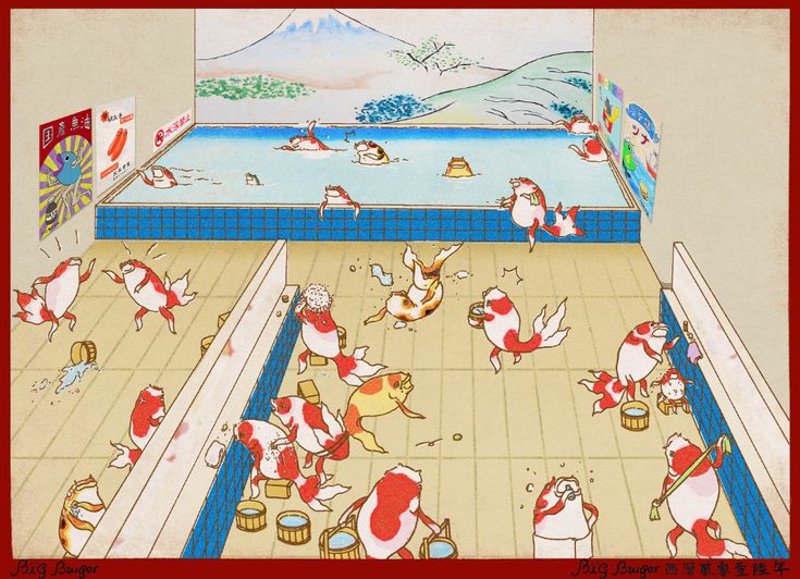 this is an illustration of people playing in a room with water and animals on the floor