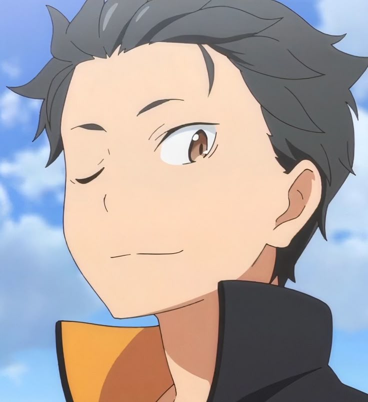 an anime character with black hair and brown eyes looking up at the sky in front of some clouds