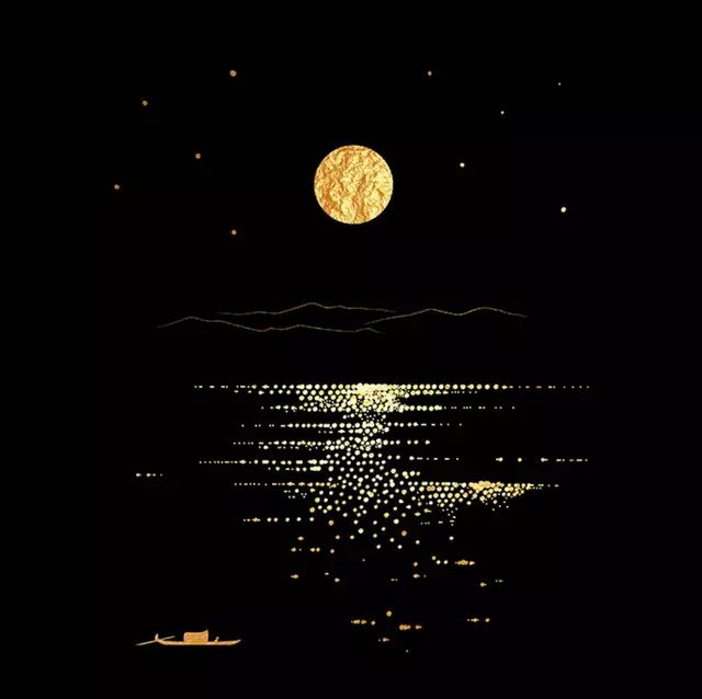 the moon is shining in the night sky over water with small boats floating on it