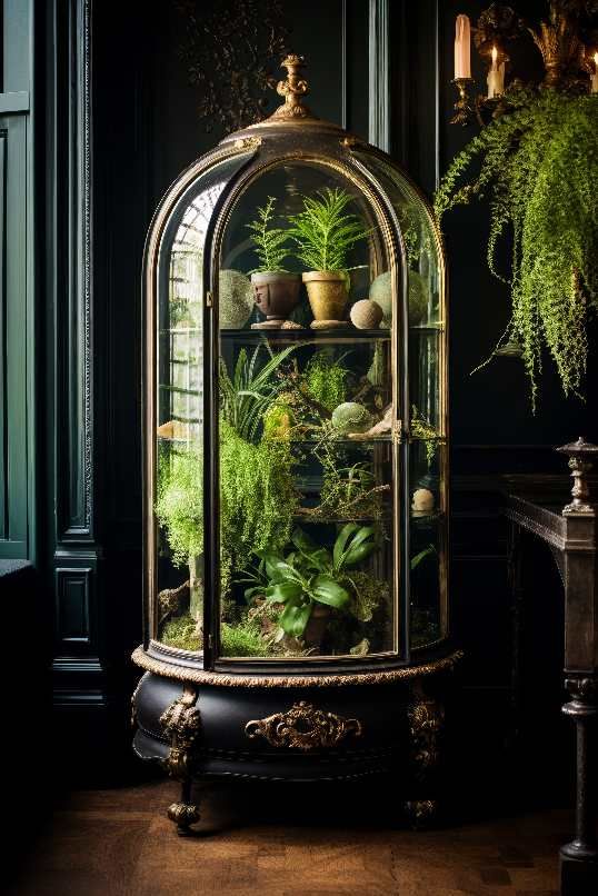 a glass case filled with plants and potted plants on top of a wooden table