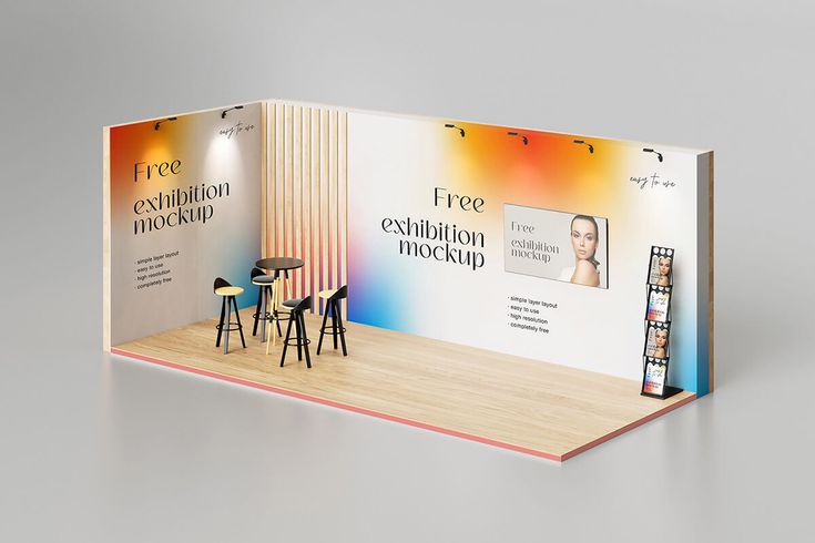 an exhibition stand with stools on the floor and a sign that says free installation mockup