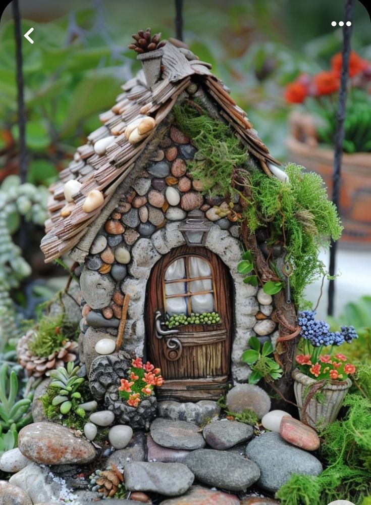 a small house made out of rocks and plants