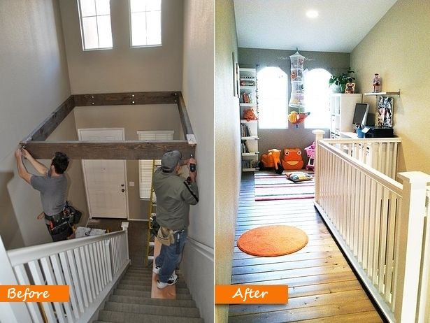 before and after shots of a house being remodeled with wood flooring, two men working on the stairs