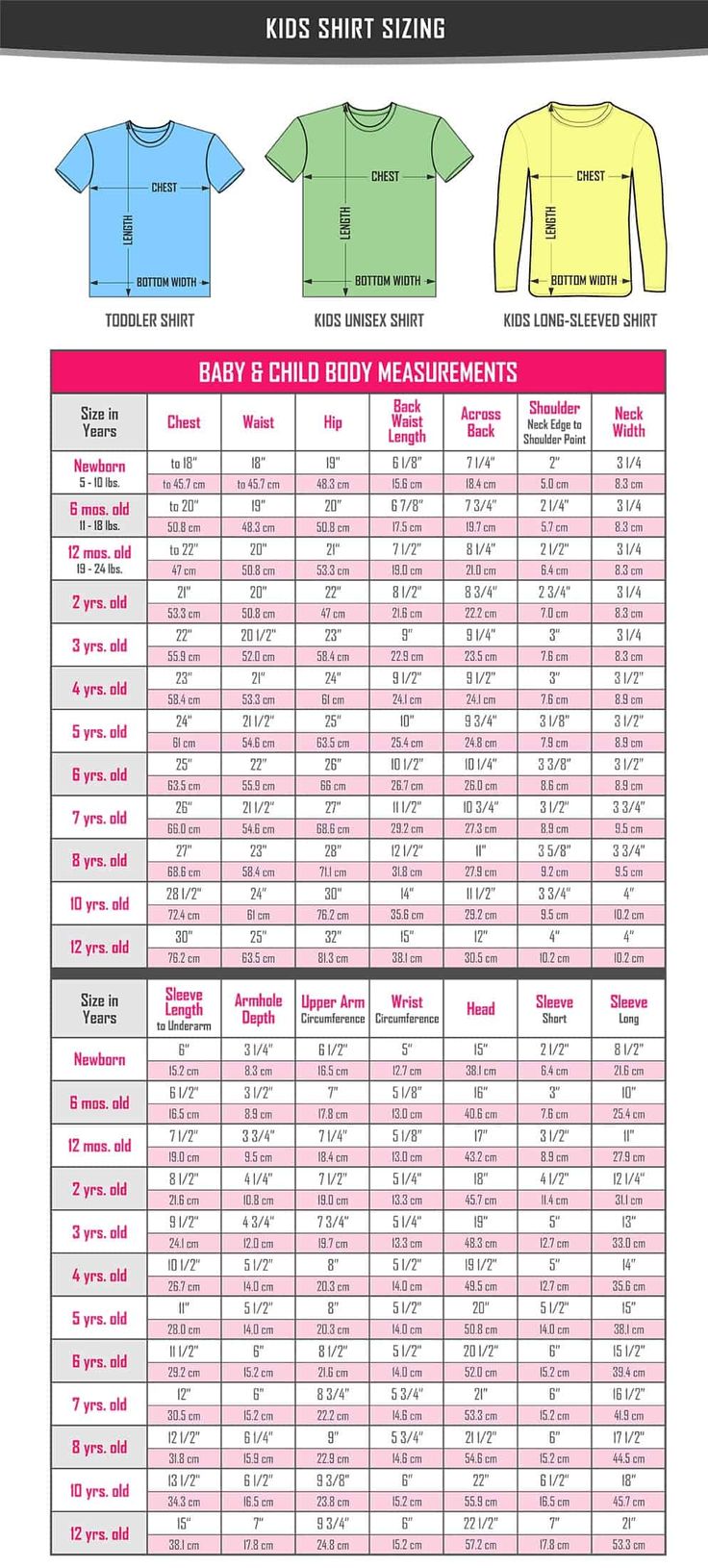 the size chart for kids's shirts