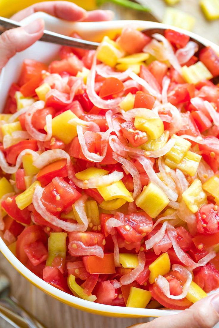 a person holding a bowl filled with chopped up tomatoes and onions, ready to eat