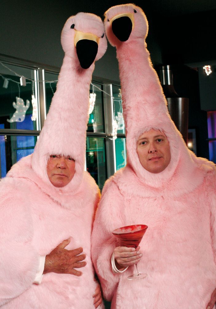 two women dressed in pink flamingos holding martinis