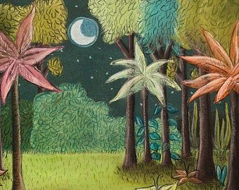 a painting of trees and plants with the moon in the background