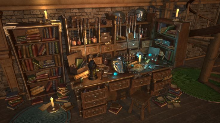 a computer desk with lots of books and other items on top of it in a room