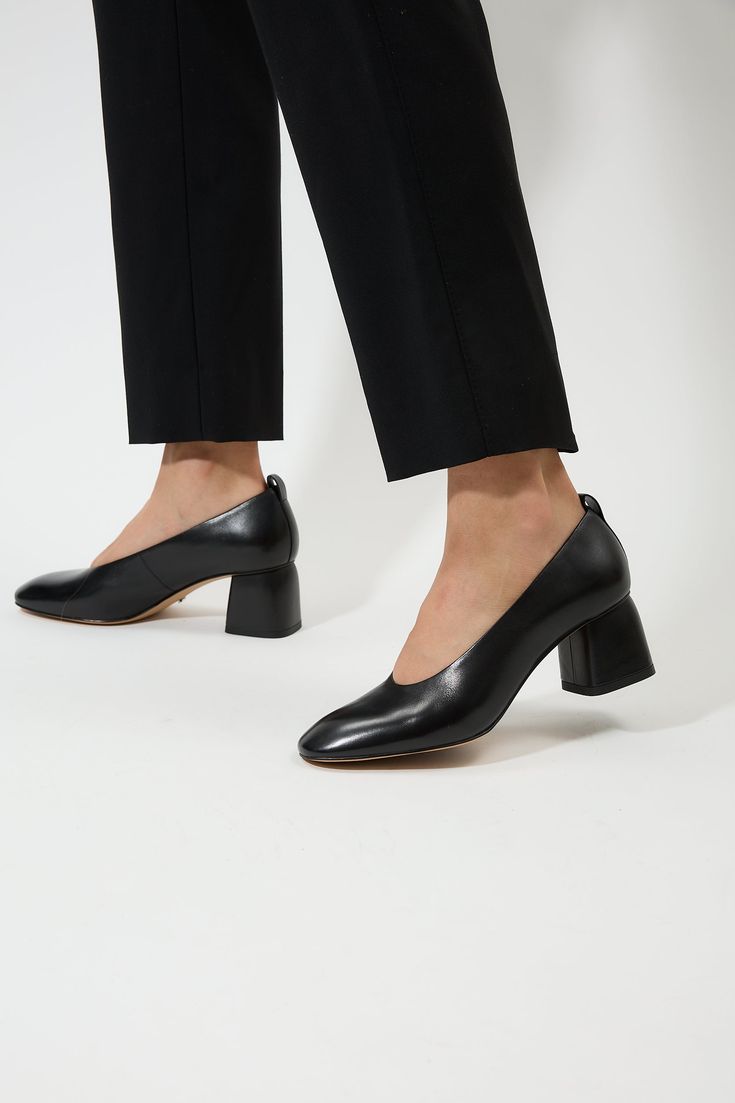 Pre-order with 20% off until August 20th Ships out on August 26th Heel height 2.4in Genuine leather Lining - Calf leather Crafted from high-quality materials, Georgia heels feature a sleek, timeless design that complements any outfit. The pointed-toe silhouette adds an elegant touch, while the sturdy block heel provides stability and all-day comfort. The smooth, supple upper ensures a luxurious feel, making these heels a standout addition to your collection. Leather Court Shoes With Low Heel For Office, Office Court Shoes With Low Heel And Leather Sole, Office Leather Shoes With Almond Toe And Branded Heel, Office Leather Shoes With Padded Low Heel, Office Leather Shoes With Contrasting Low Heel, Medium Width Almond Toe Leather Shoes For Office, Square Toe Heels With Contrasting Heel Counter, Square Toe Block Heels With Padded Heel For Work, Low Heel Block Heels For Office In Fall