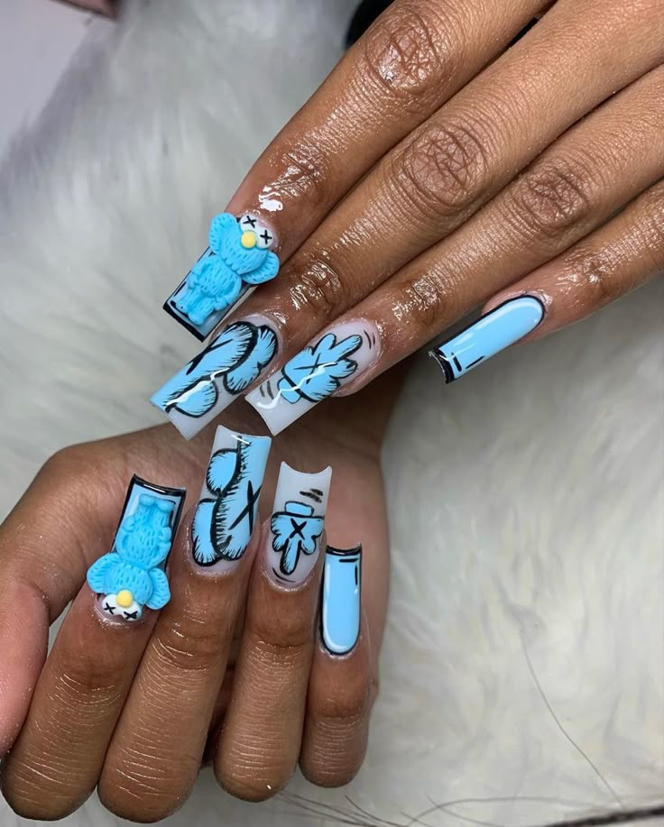 Pink Wave Nails, Customize Nails, Nail Ideas Baddie, Medium Nail Ideas, Kaws Nails, Nail Ideas Blue, Teal Nails, Gel Toe Nails, Acrylic Toe Nails