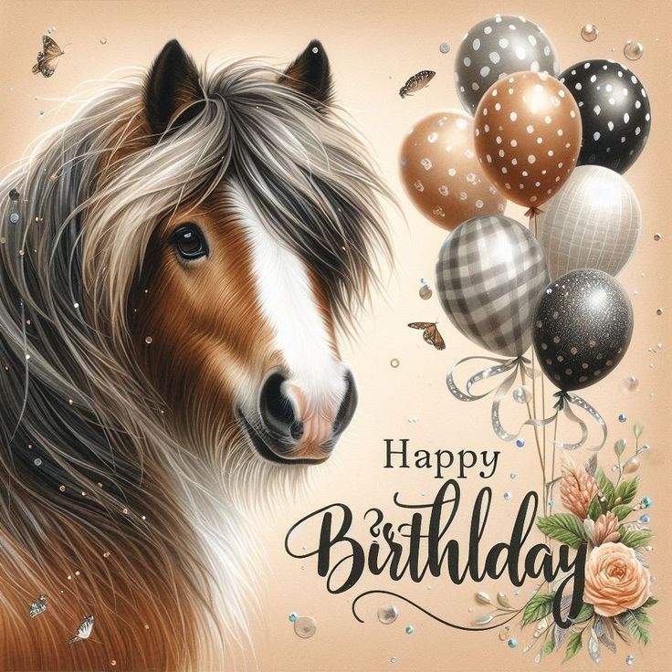 a happy birthday card with a shetland pony and balloons in the shape of flowers on it