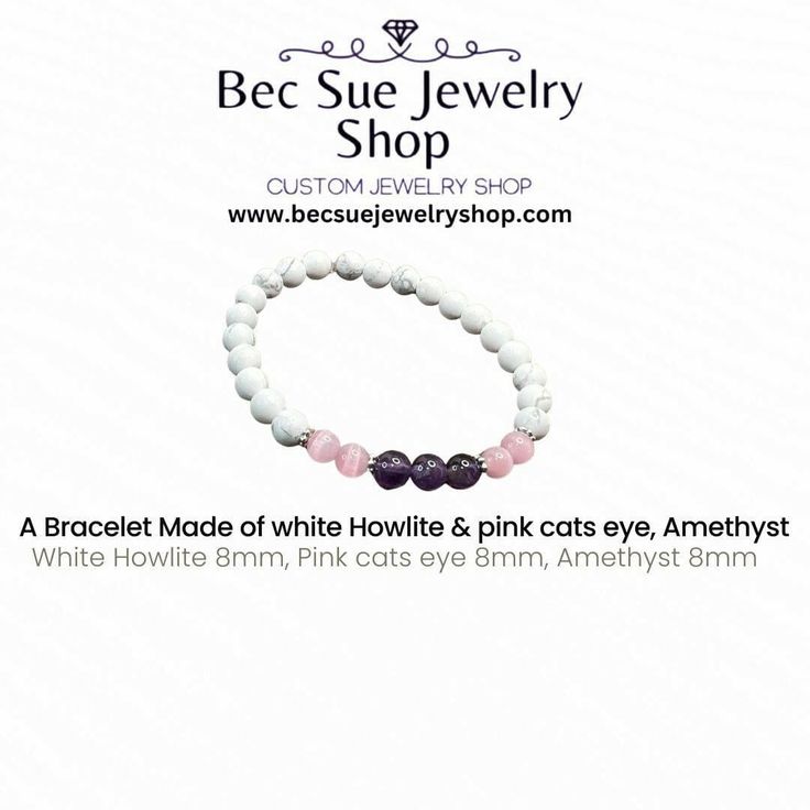 Howlite beaded Bracelet with Pink Cats Eye Beads 6mm, and Amethyst 6mm, White Howlite 6mm beads that are all energy healing beads. There are also 4 sterling silver spacer beads between the gemstone Adjustable White Rose Quartz Jewelry, White Rose Quartz Beaded Bracelets As Gift, White Rose Quartz Beaded Bracelet As Gift, Handmade White Rose Quartz Bracelet, White Rose Quartz Crystal Bracelet With Round Beads, White Beaded Amethyst Jewelry, Handmade White Rose Quartz Crystal Bracelet, White Rose Quartz Beaded Bracelets With 8mm Beads, Adjustable White Rose Quartz Beaded Bracelets