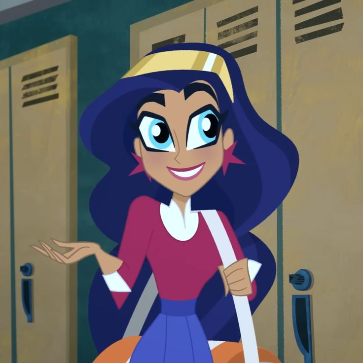 a cartoon girl with blue hair standing in front of lockers and holding her hand out