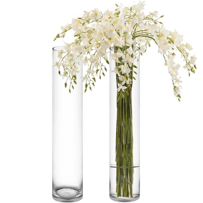 two clear vases with white flowers in them