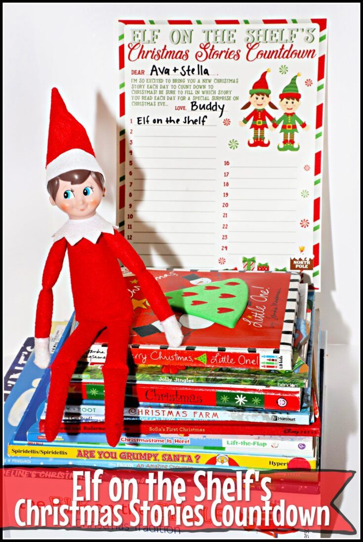 the elf on the shelf's christmas story book is next to a pile of books