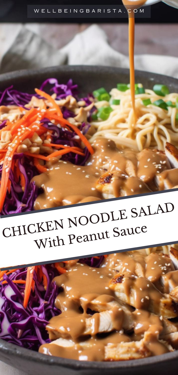 chicken noodle salad with peanut sauce being drizzled over it in a skillet