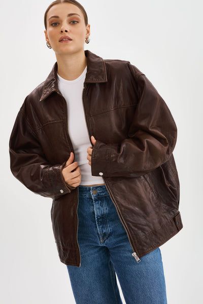 THEIA | Leather Bomber Jacket Punk Librarian, Vintage Brown Leather Jacket, Dark Brown Leather Jacket, Leather Jacket Brown, Style Leather Jacket, Brown Leather Coat, Baggy Style, Lambskin Leather Jacket, Leather Jacket Outfits