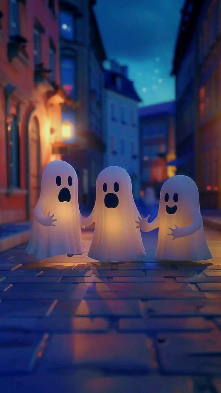 three ghost statues are standing in the middle of a street at night with buildings and lights behind them