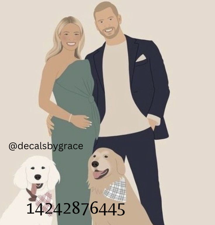 a man and woman standing next to two dogs with the words decalsby grace on them