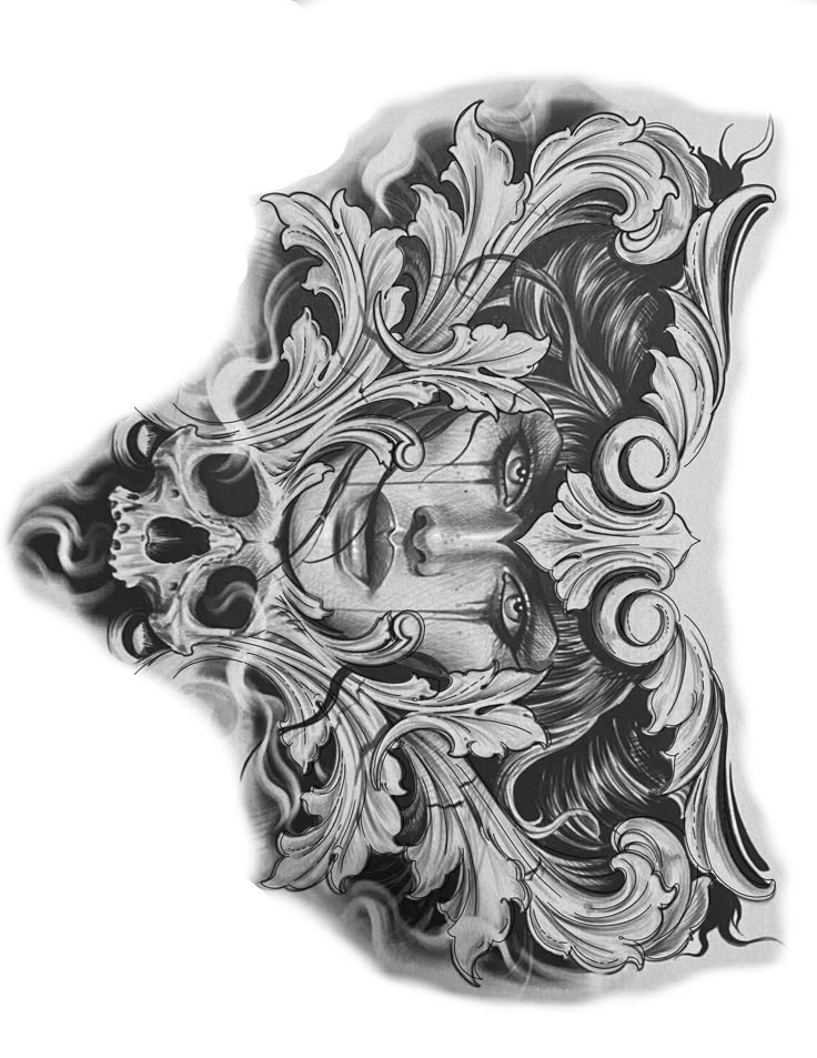 a drawing of a woman's face in black and white with swirls on it