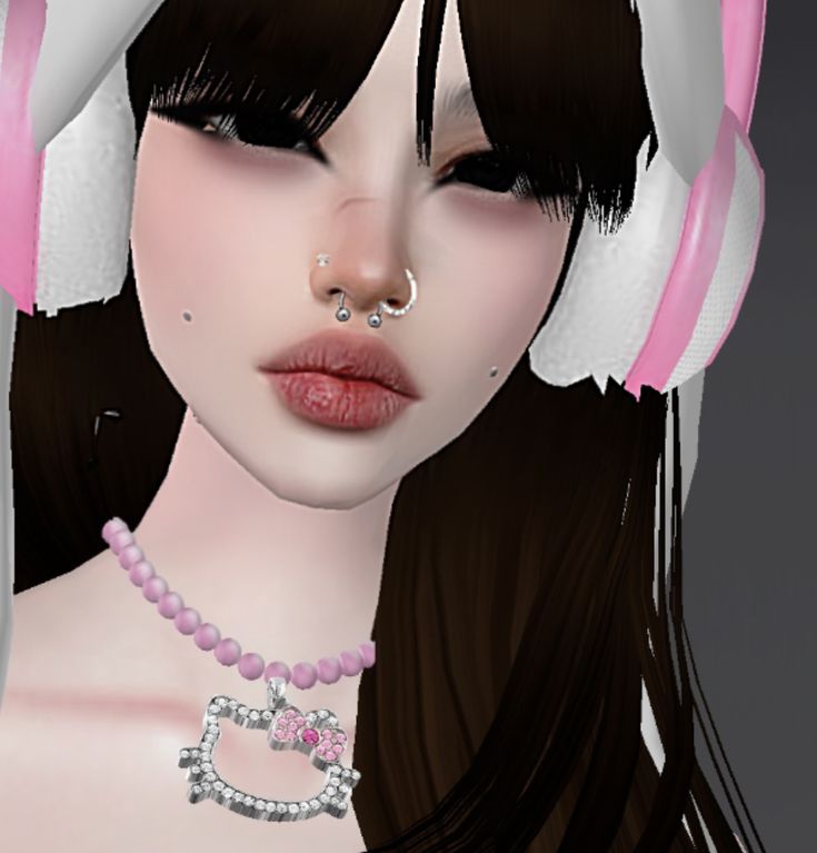 a woman with long black hair wearing pink and white headbands, nose ring and necklace