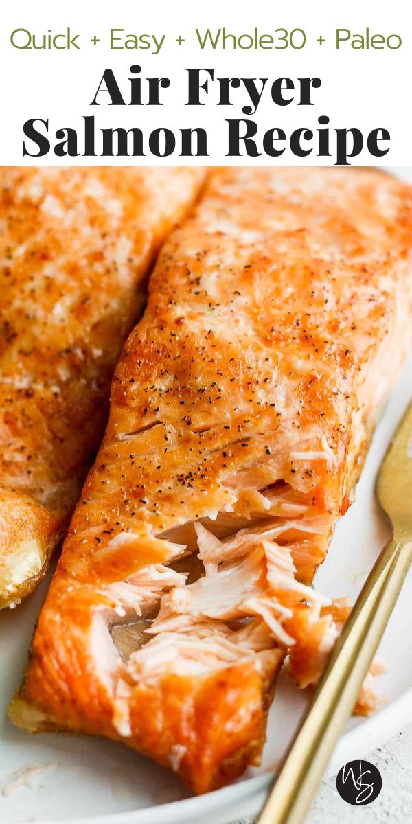 air fryer salmon recipe on a white plate with gold spoons and text overlay