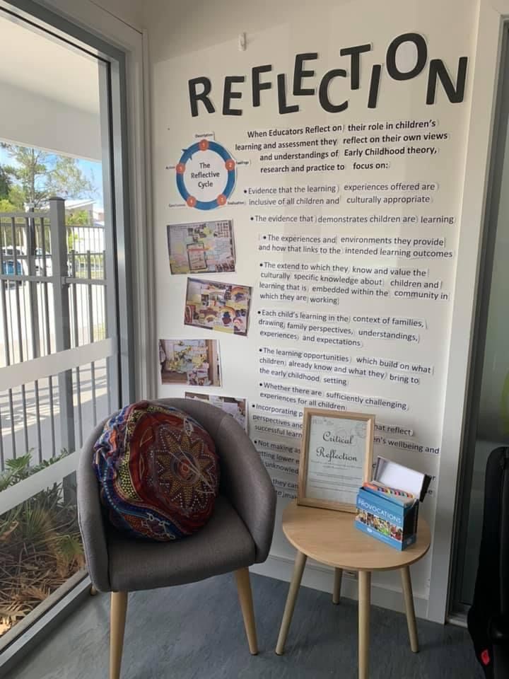 two chairs and a table in front of a sign that says reflection on the wall