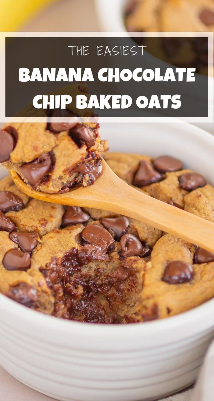 banana chocolate chip baked oats in a white bowl with a wooden spoon on top