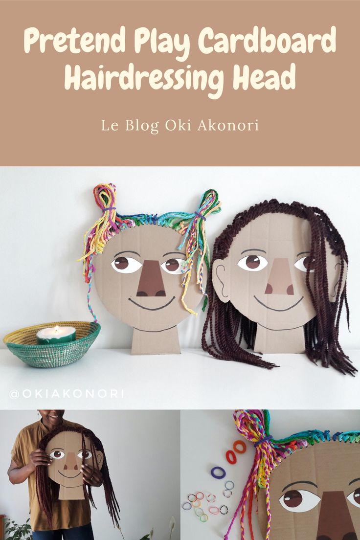 two cardboard faces are shown with the words pretend play cardboard hairdressing head on them