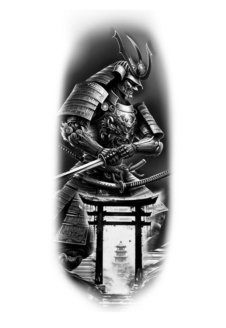 a black and white photo of a samurai on top of a building with two swords