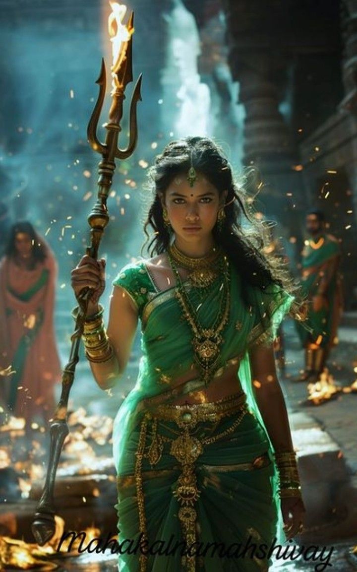 a woman dressed in green holding a torch