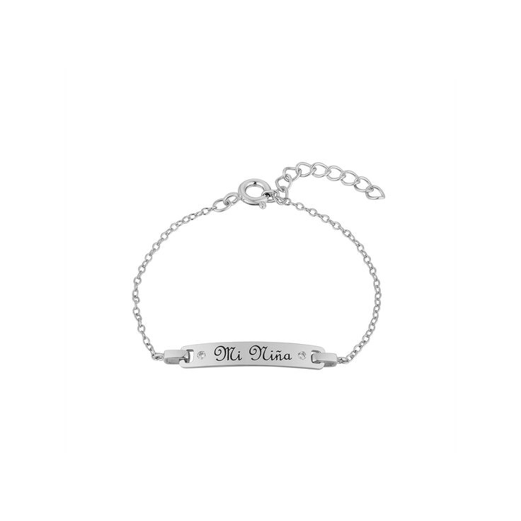 a silver bracelet with the word mom on it and an engraved bar that says,