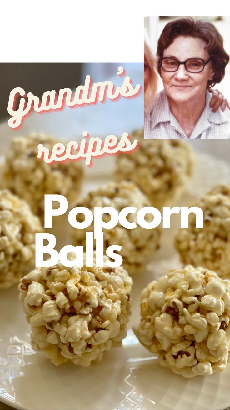 granola's recipes popcorn balls on a white plate with the title overlay