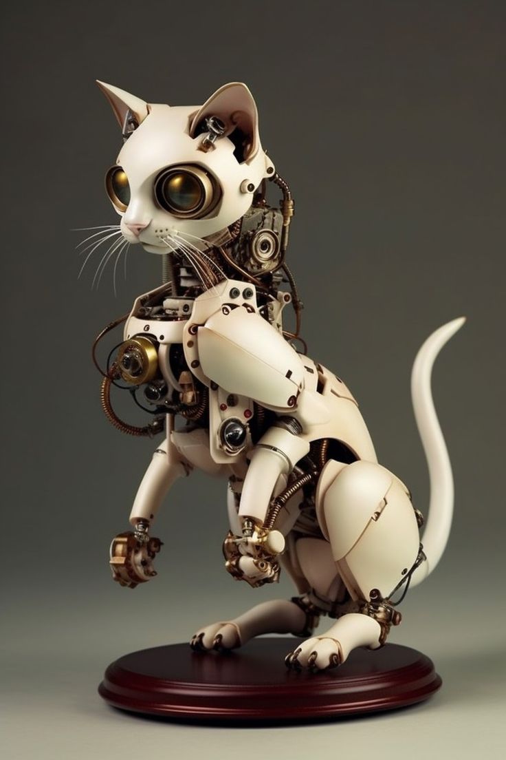 a cat that is sitting on top of a wooden base with mechanical parts around it