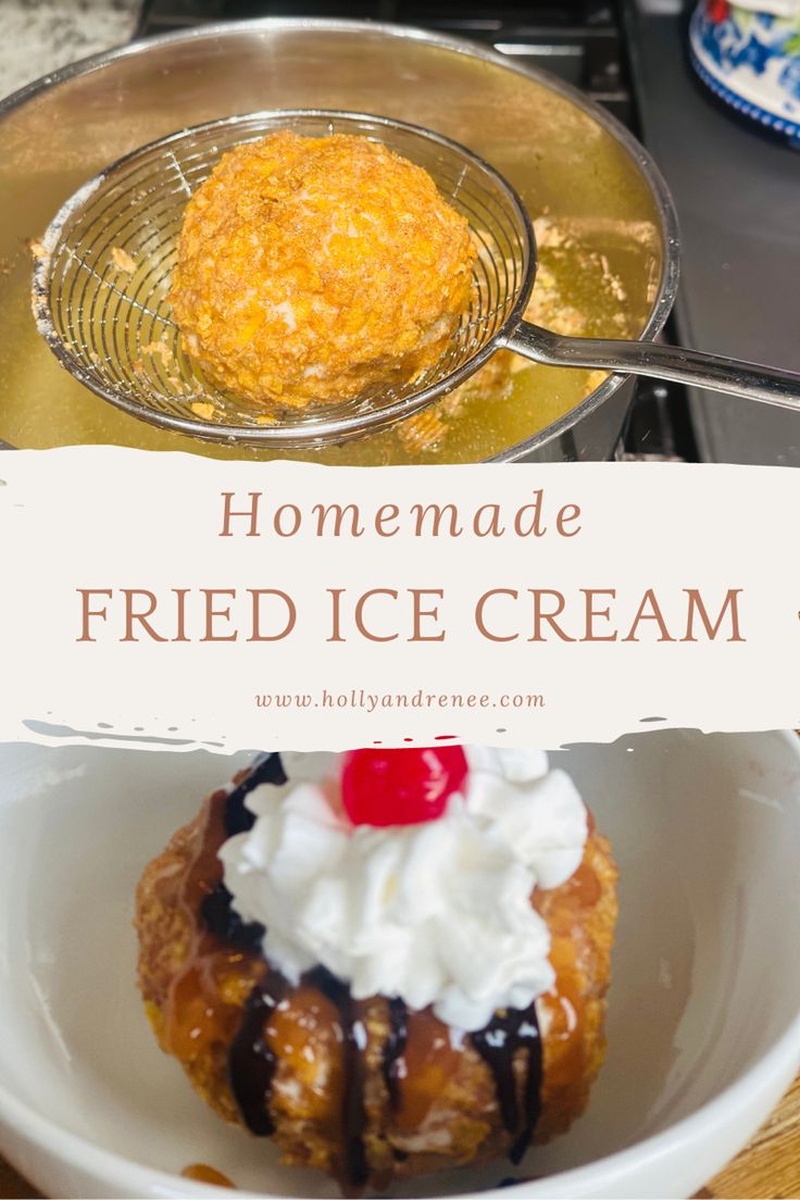 homemade fried ice cream in a bowl with a cherry on top and the title overlay reads homemade fried ice cream