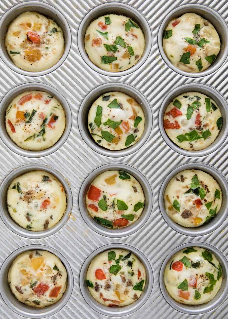 muffin tins filled with different types of food