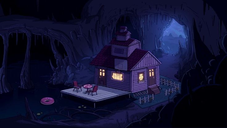 an animated house in the middle of a cave