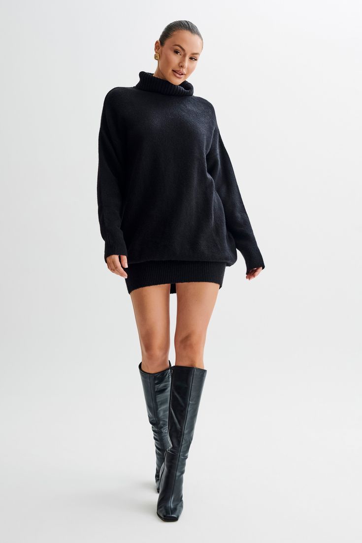 A close knit.The CELESTE is a long sleeve knit mini dress designed with a mock neck and drop shoulder silhouette, creating a relaxed and laid-back vibe, perfect for casual outings or cozy nights in. Featuring ribbed detailing on the neckline, cuffs, and hem, this jumper exudes a sense of timeless elegance and understated luxury. Unlined for lightweight comfort, match this with the Lara Rose Satin Heel for the perfect evening look. Knitted Mini Dress, Lara Rose, Jumper Dress Outfit, Ny Winter, Black Long Sleeve Mini Dress, Fabulous Outfits, Maxi Dress Sale, Understated Luxury, Satin Heels