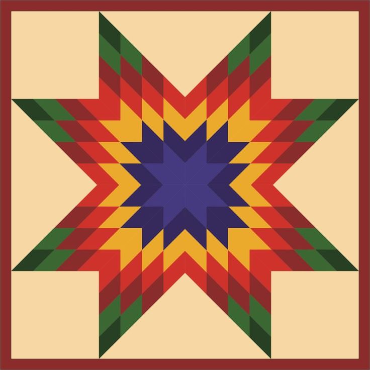 an image of a star quilt pattern on a wall hanging or table topper in red, yellow, green and blue