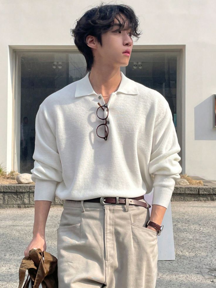 Men's Casual Solid Color Sweater For Autumn White Casual  Long Sleeve Knitwear Plain Pullovers Slight Stretch Fall Men Clothing, size features are:Bust: ,Length: ,Sleeve Length: Casual Formal Wear For Men, Male Korean Streetwear, Clean Mens Fashion, Minimalist Style Men Summer, Mens French Fashion, White Sweater Outfit Men, White Pullover Outfit, Khaki And White Outfits, 30 Year Old Mens Fashion