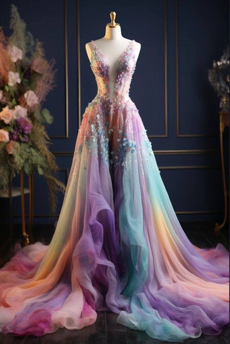 Non White Wedding Dresses, Rainbow Wedding Dress, Prom Dresses 2023, Colored Wedding Dress, Gowns Elegant, Prom Dresses Black, Prom Dresses 2020, Rainbow Wedding, Fantasy Dresses